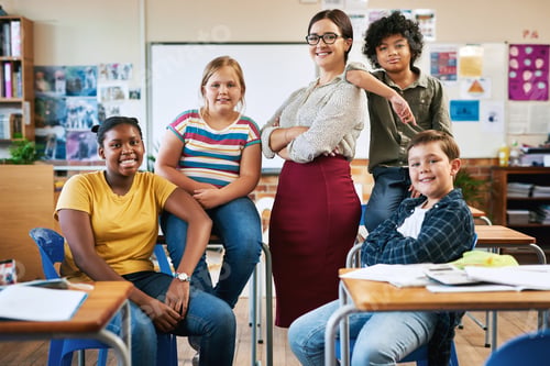 Preview: Happy, students and portrait of teacher in classroom for education, lesson and child development
