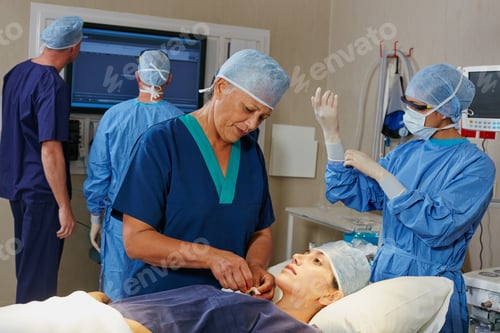 Preview: Getting ready, operation or sensor with doctors and patient in surgery for medical procedure