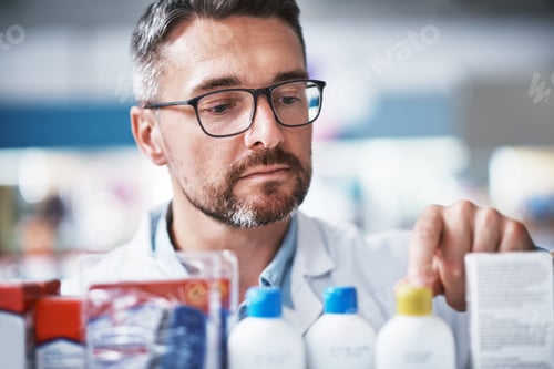 Preview: Pharmacist, man and service for medicine, stock management and sorting for medical inventory