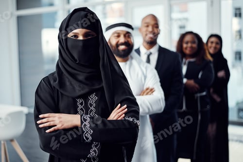 Preview: Team, arms crossed and portrait of business woman in office for leadership