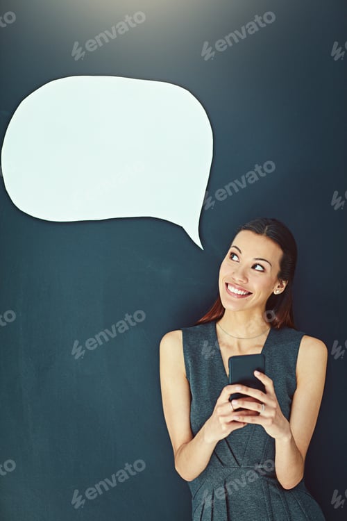 Preview: Speech bubble, vision and phone woman in studio for social media opinion, mockup and thinking
