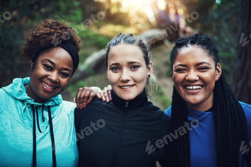 Preview: Outdoor, portrait and women with smile for hiking trip, support or travel adventure for holiday