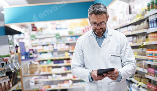Preview: Healthcare, pharmacist and man with tablet for stock, medicine sales and research online