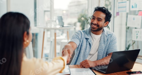 Preview: Happy, businessman or handshake with laptop for interview, hiring or job opportunity in office