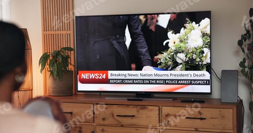 Preview: Television screen, watching and woman in home with breaking news on funeral broadcast