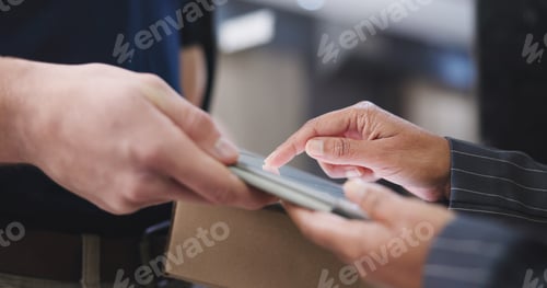 Preview: Hands, tablet and sign for delivery package with order confirmation, shipment POD or supply chain