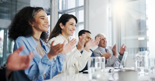Preview: Applause, meeting and presentation with business people in office for feedback, review or success