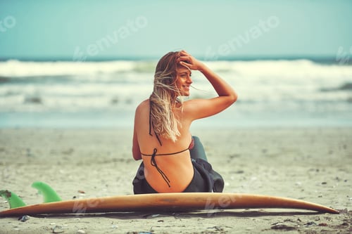 Preview: Surfer, woman and relax at beach, thinking and break for water sports with space on holiday