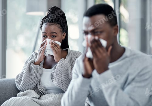 Preview: Sick, black couple and woman in house with blowing nose, influenza or cold congestion in allergy