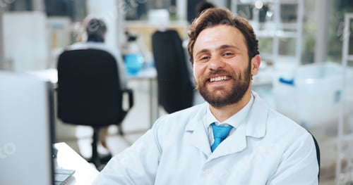 Preview: Portrait, man and scientist with computer in lab for career pride, about us and medical research