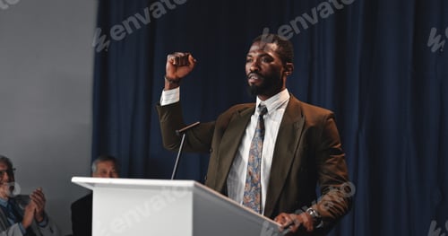 Preview: Politics, speech or man at podium with fist raised, PR presentation and success in election