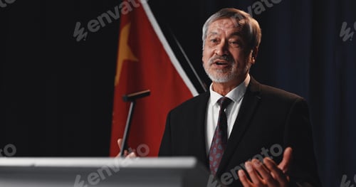 Preview: Mic, Asian man and politician and podium for election, democracy or political campaign
