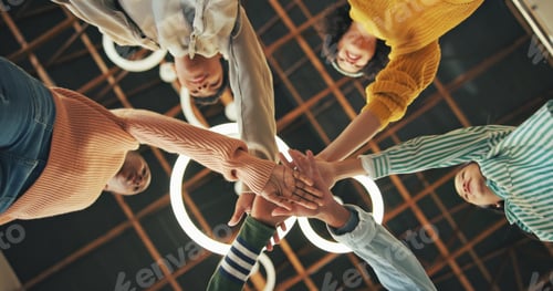 Preview: Hand stack, friends or kids with celebration for teamwork, partnership or education support