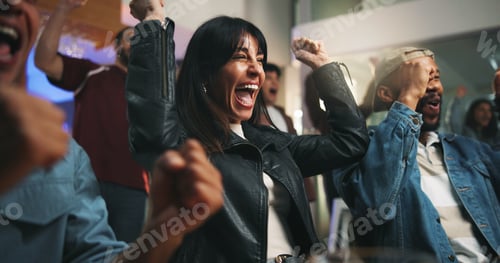 Preview: Happy woman, winning and watching tv with fist pump for success, sport victory or support in pub