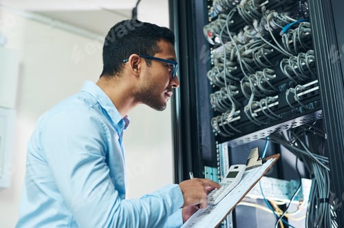 Preview: Calculator, technician and data with man in server room for cable length, programmer or it report