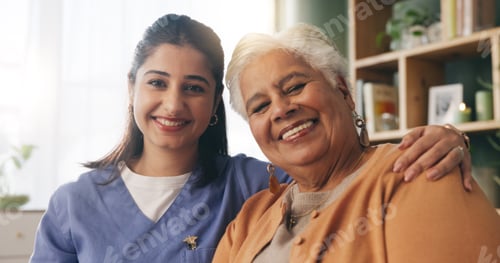 Preview: Portrait, caregiver or old woman with hug in nursing home, senior care or trust for emotional