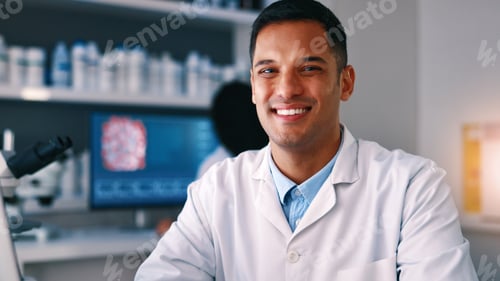 Preview: Portrait, man and scientist with confidence in lab for research, medical study and experiment