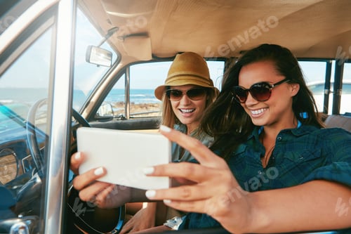 Preview: Selfie, road trip and happy with friends in car for adventure, social media post and travel memory