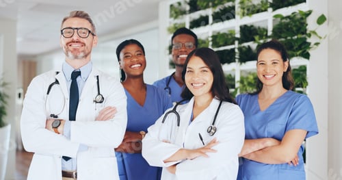 Preview: Medical, team and happy with arms crossed in clinic for health support, career pride and about us