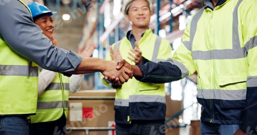 Preview: Business people, handshake or logistics with applause for partnership, distribution or supply chain