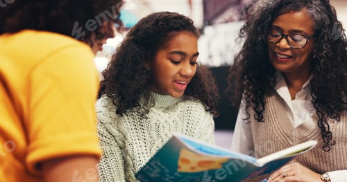 Preview: Grandma, mother or child reading in library with book for bonding together, growth or development