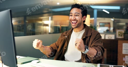 Preview: Excited, man and celebrate in office with computer, email notification and job promotion