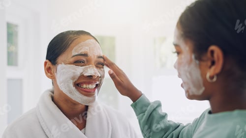Preview: Happy mom, child and skincare with face mask in bathroom for beauty spa day or routine in home