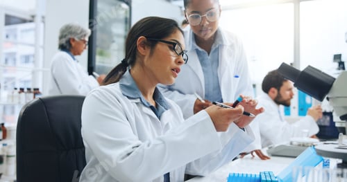 Preview: Woman, scientist and vial with blood sample for exam, text or experiment for medical research