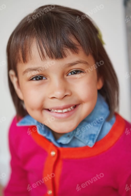 Preview: Portrait, child and girl with smile at house for peace, calm morning and positive attitude