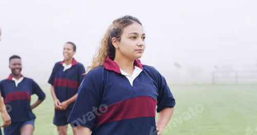 Preview: Rugby, thinking and team with woman on field for training, game challenge and sports tournament