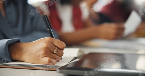 Preview: Woman, hands and writing in office with journal, reminder and goal setting for journalism career