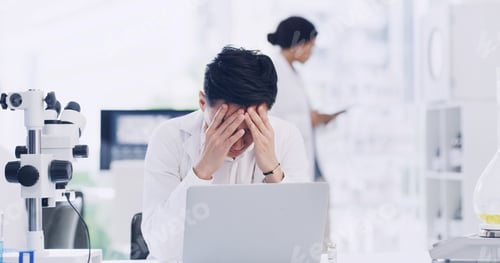 Preview: Man, scientist or laptop with headache in laboratory for forensic research, fail or mistake