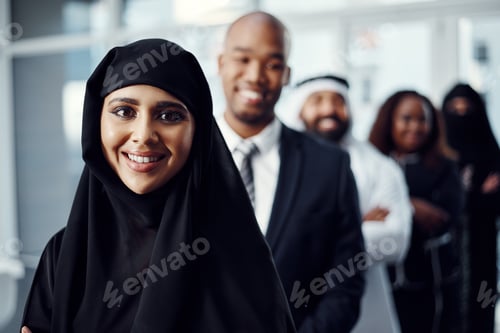 Preview: Team, smile and portrait of business woman in office for leadership, global conference or mission