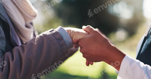 Preview: Bonding, holding hands or support with nurse and old person in park together for rehabilitation