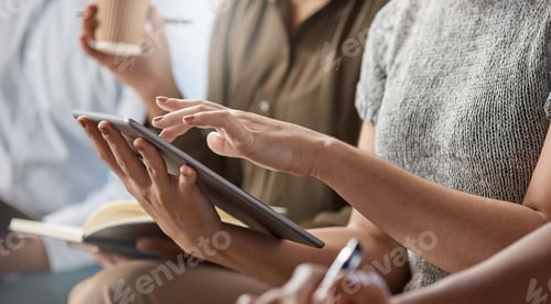 Preview: Audience, hands and woman with tablet in seminar for online notes, digital interaction or live poll