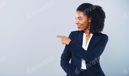 Preview: Happy woman, pointing and studio with advertising for business solution on a white background