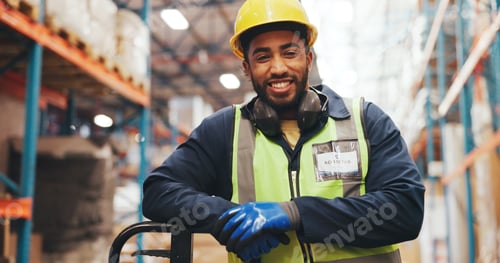Preview: Portrait, smile and trolley with man in warehouse for delivery, distribution or shipping of goods