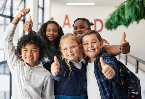 Preview: Thumbs up, children and education portrait in hallway for exam success, learning feedback or happy