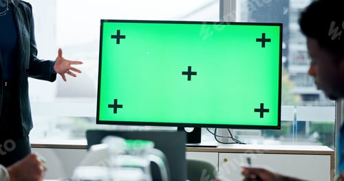 Preview: Green screen, presentation and people in meeting for information, news or UI for slideshow