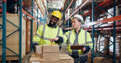 Preview: Shipping, team and people in warehouse with clipboard for distribution, inventory and inspection