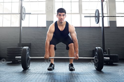 Preview: Fitness, weightlifting or athlete in gym with barbell, power or bicep routine in bodybuilding