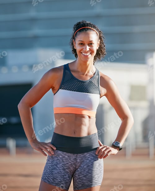 Preview: Portrait, stadium and woman with confidence for fitness, morning training