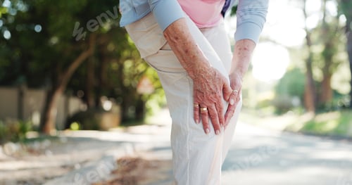 Preview: Senior woman, hands and fitness with knee injury for accident, emergency or pain in road