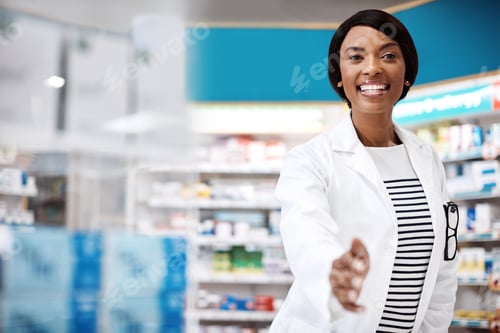 Preview: Happy woman, portrait and pharmacist with handshake in dispensary for agreement or welcome