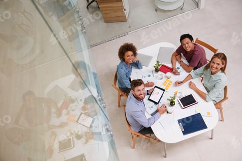 Preview: Technology, meeting and portrait of business people in office with research for creative project