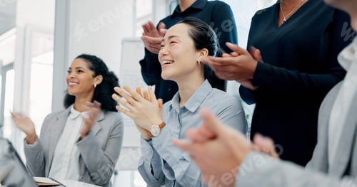 Preview: Business, woman and staff in meeting with applause for good news, congratulations and bonus success