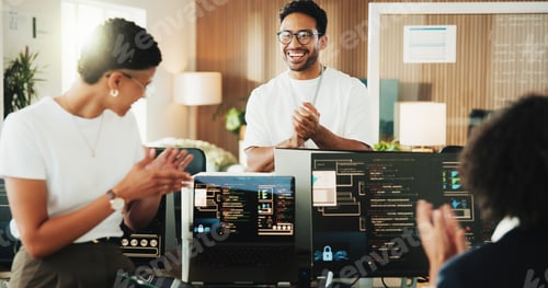 Preview: Programming, computer and man with team applause for sprint completion, backlog goal or excited