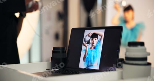 Preview: Laptop screen, photoshoot and woman in studio, backstage and project for digital art