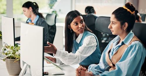 Preview: Help, startup and business people on computer for meeting, seo review and website report
