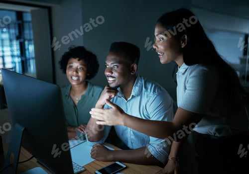 Preview: Team, ideas and happy with computer at night, reporter and proofreading of article on web or online